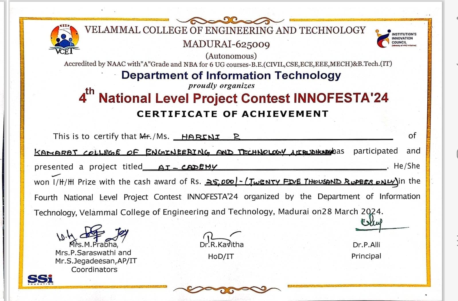  4th National Level Project Contest INNOFESTA&apos;24 – 1st Prize (₹25K)