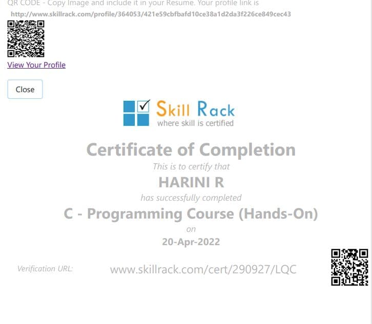 SkillRack C - Programming course 2022
